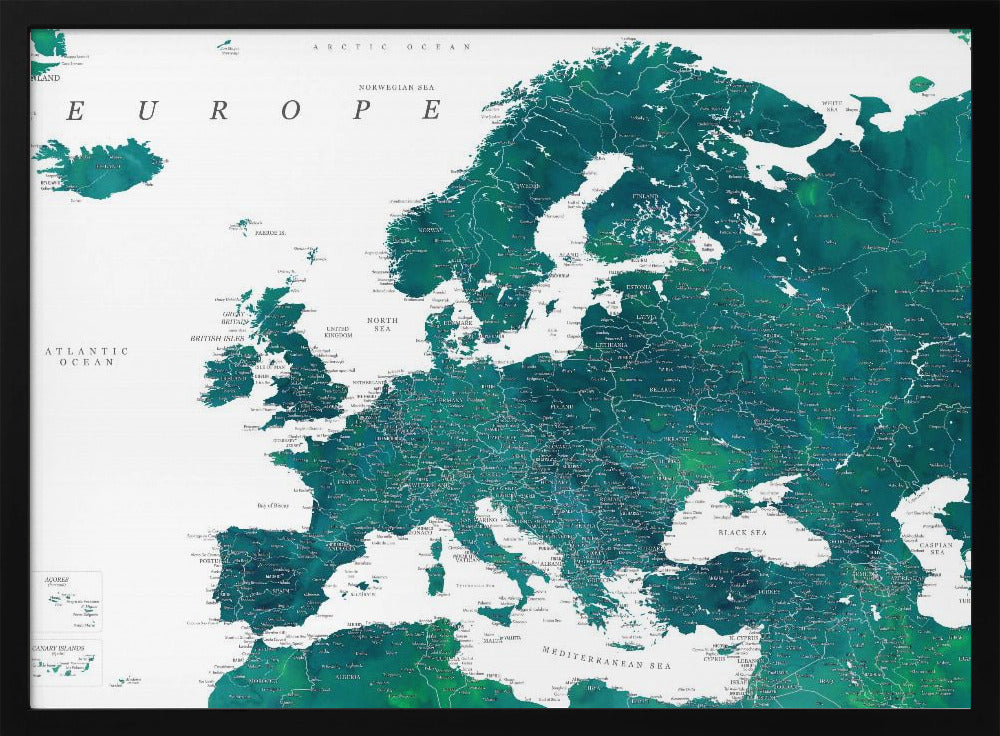 Blauwe gedetailleerde kaart van Europa | Poster