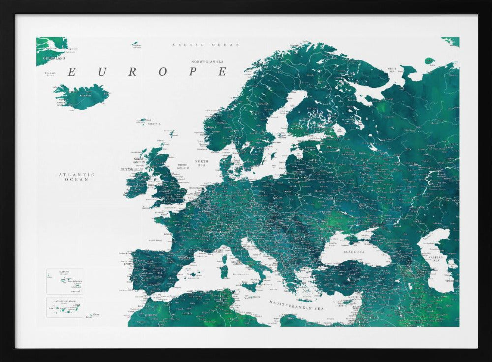 Blauwe gedetailleerde kaart van Europa | Poster