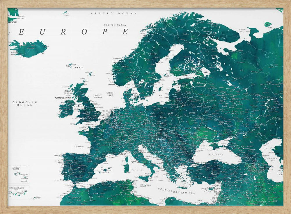 Blauwe gedetailleerde kaart van Europa | Poster