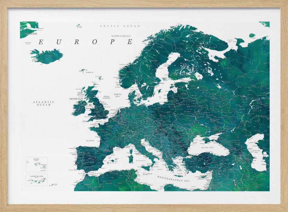 Blauwe gedetailleerde kaart van Europa | Poster