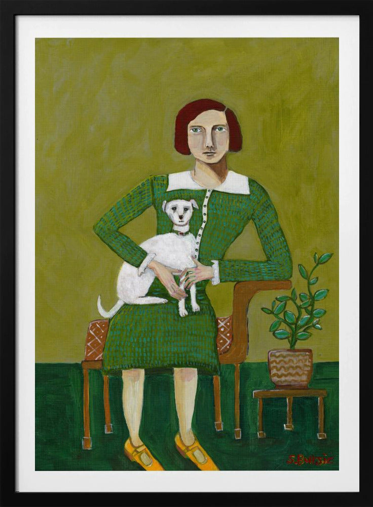 Vintage dame met haar witte hond | Poster