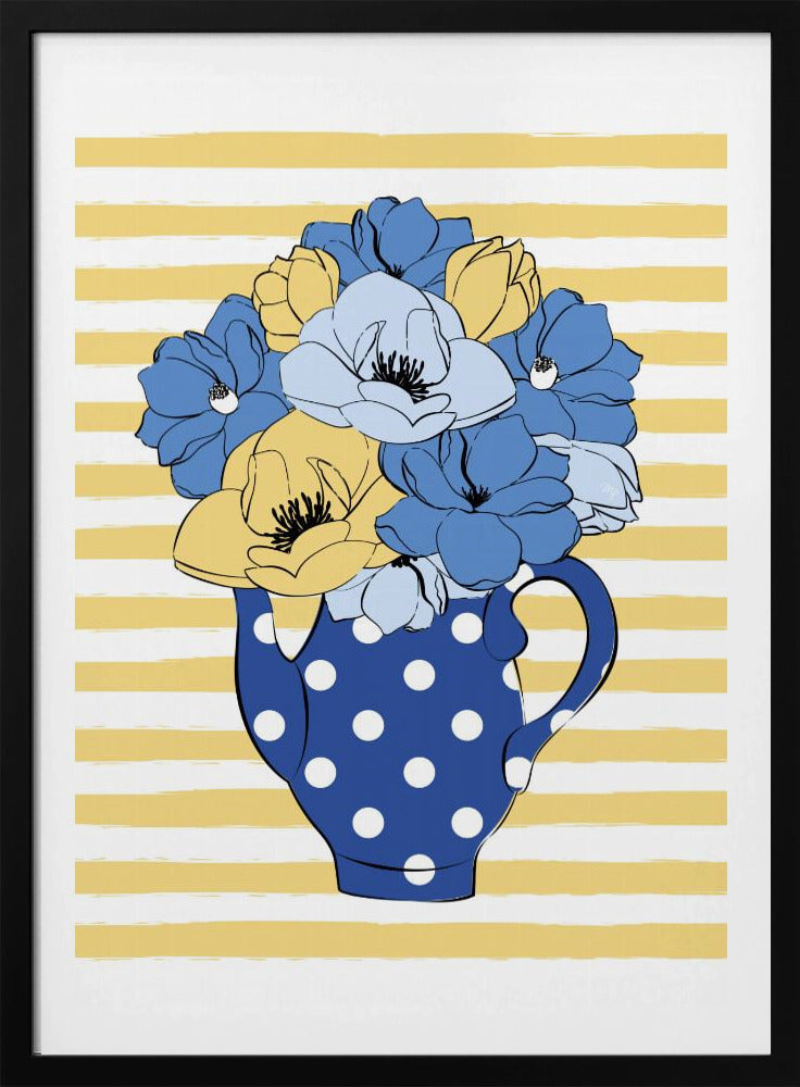 Blauwe en gele bloemen in een stippenvaas | Poster