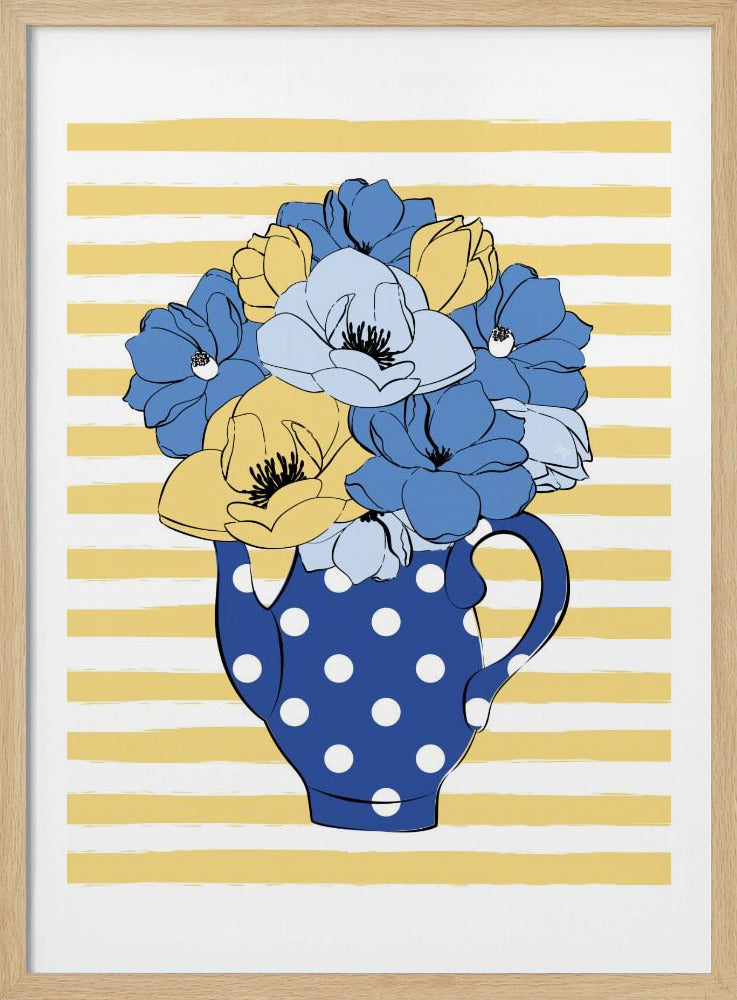 Blauwe en gele bloemen in een stippenvaas | Poster
