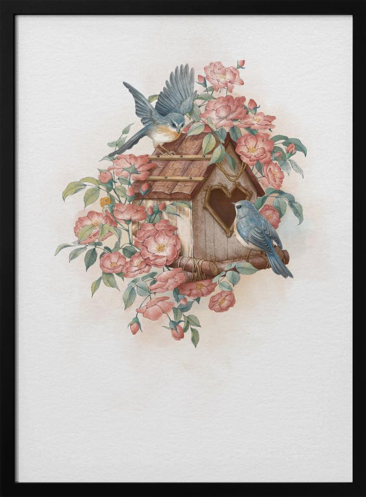 Vogelhuisje en roos | Poster