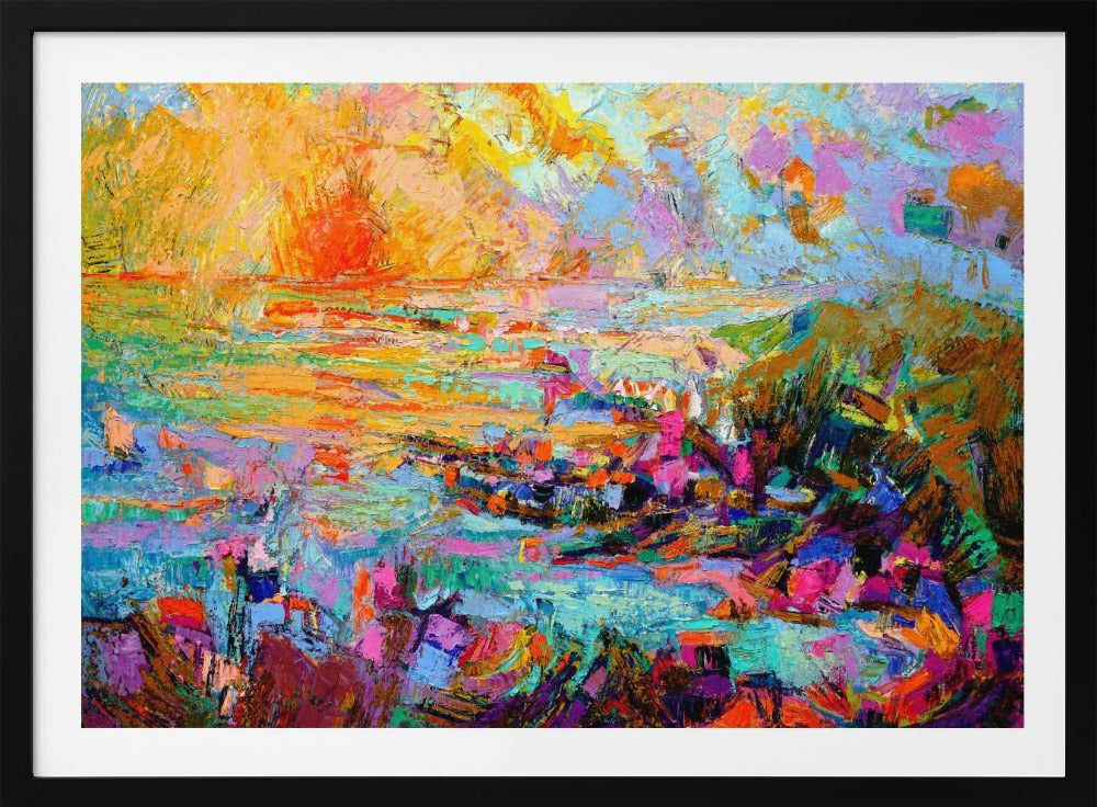Zonsondergang boven een levendig landschap | Poster