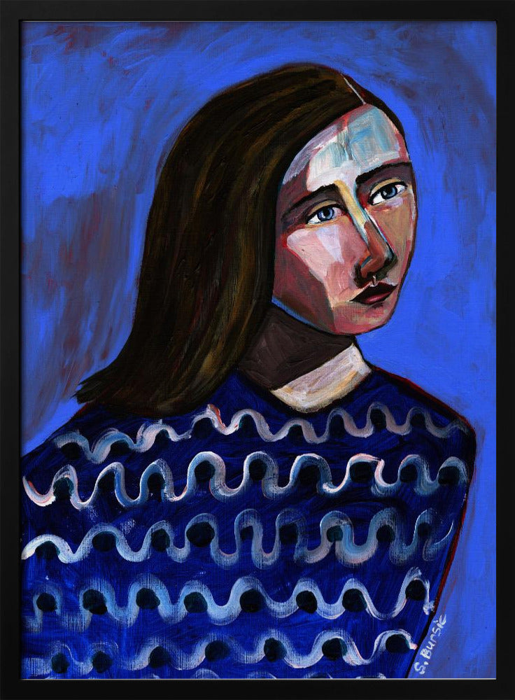Vrouw in blauwe trui Naïef portret figuratief | Poster