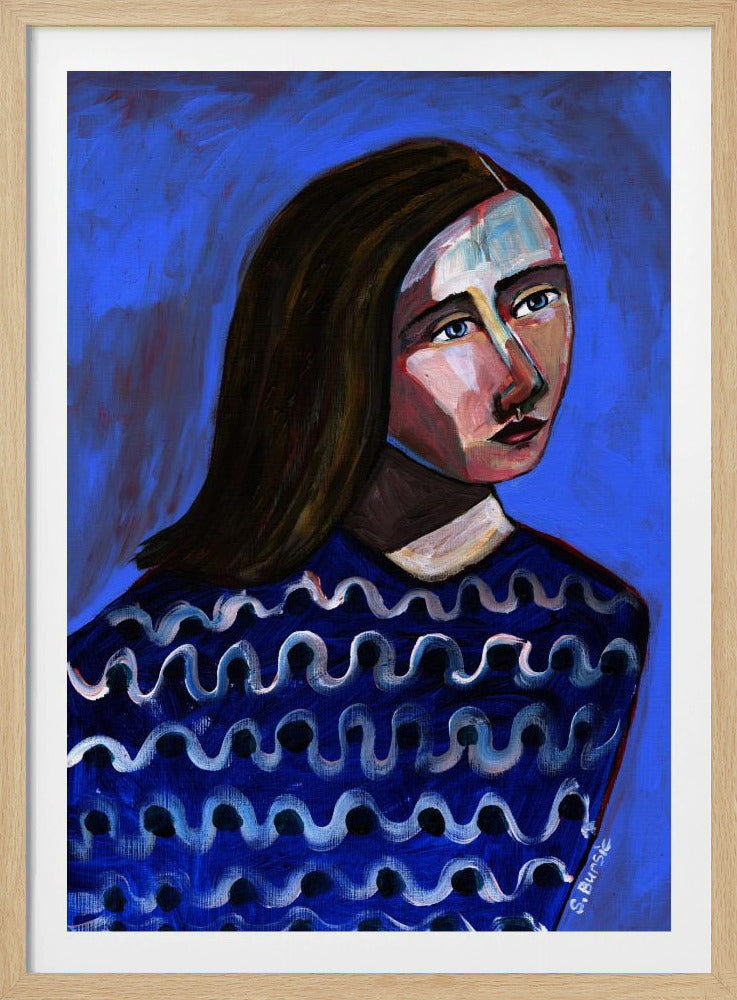 Vrouw in blauwe trui Naïef portret figuratief | Poster