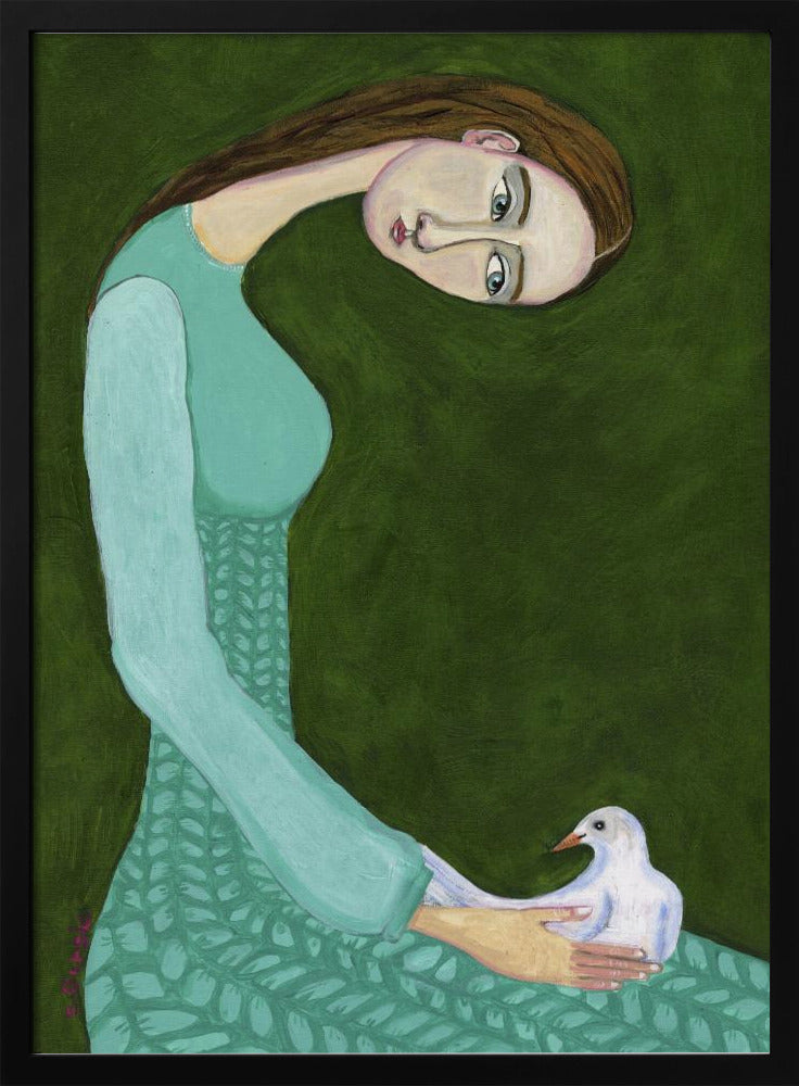 Dame zittend met witte duif | Poster