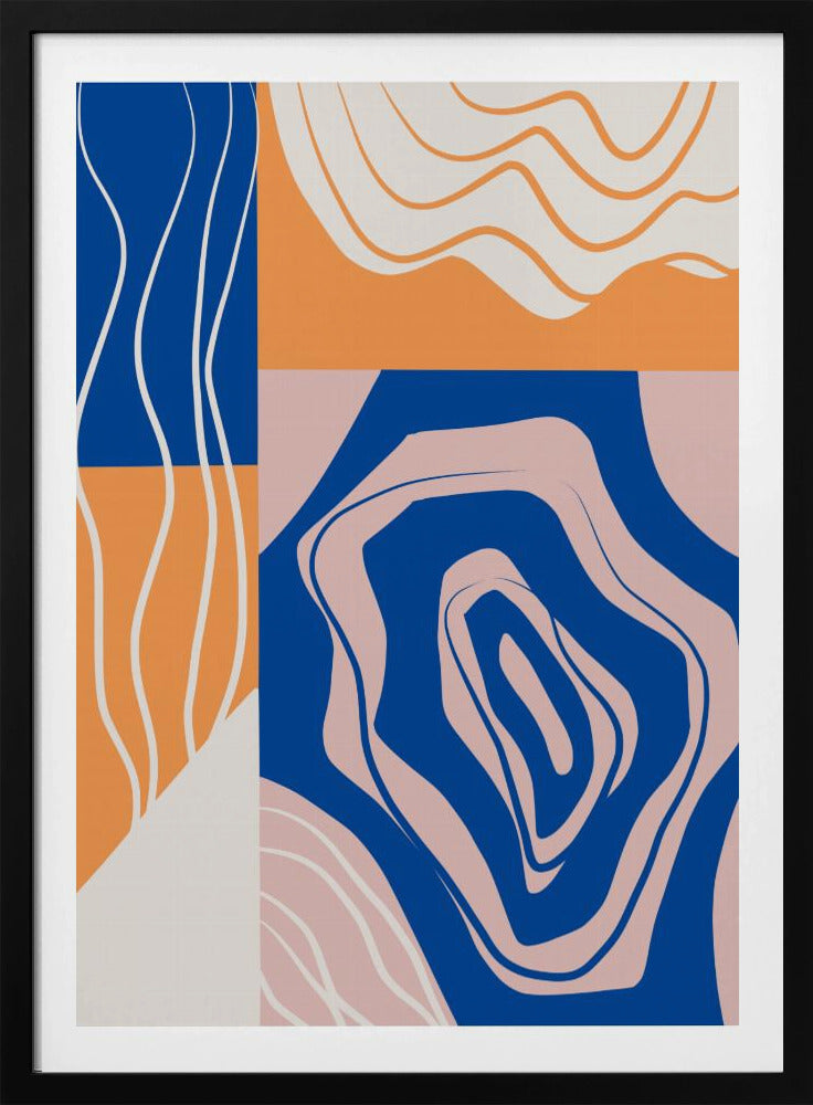 Abstracte collage in blauw en oranje | Poster