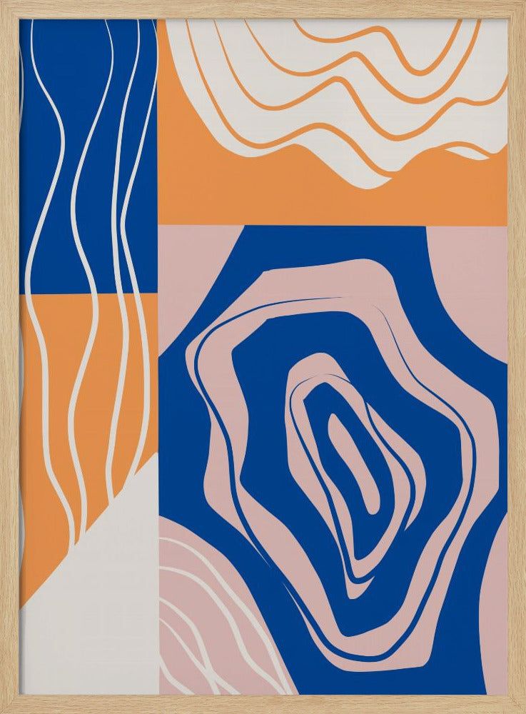 Abstracte collage in blauw en oranje | Poster