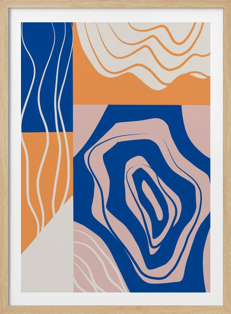Abstracte collage in blauw en oranje | Poster