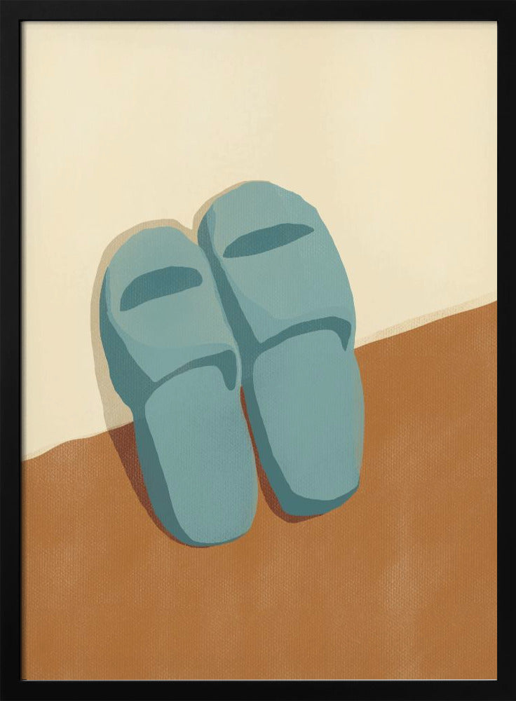 Blauwe pantoffels op een bruine en beige achtergrond | Poster