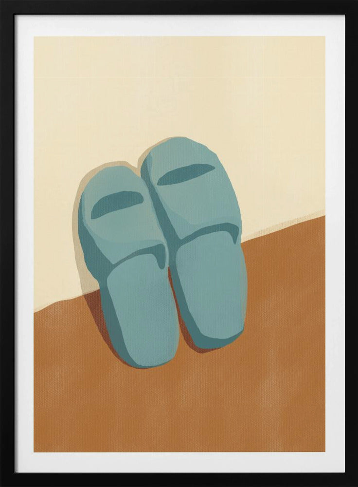 Blauwe pantoffels op een bruine en beige achtergrond | Poster