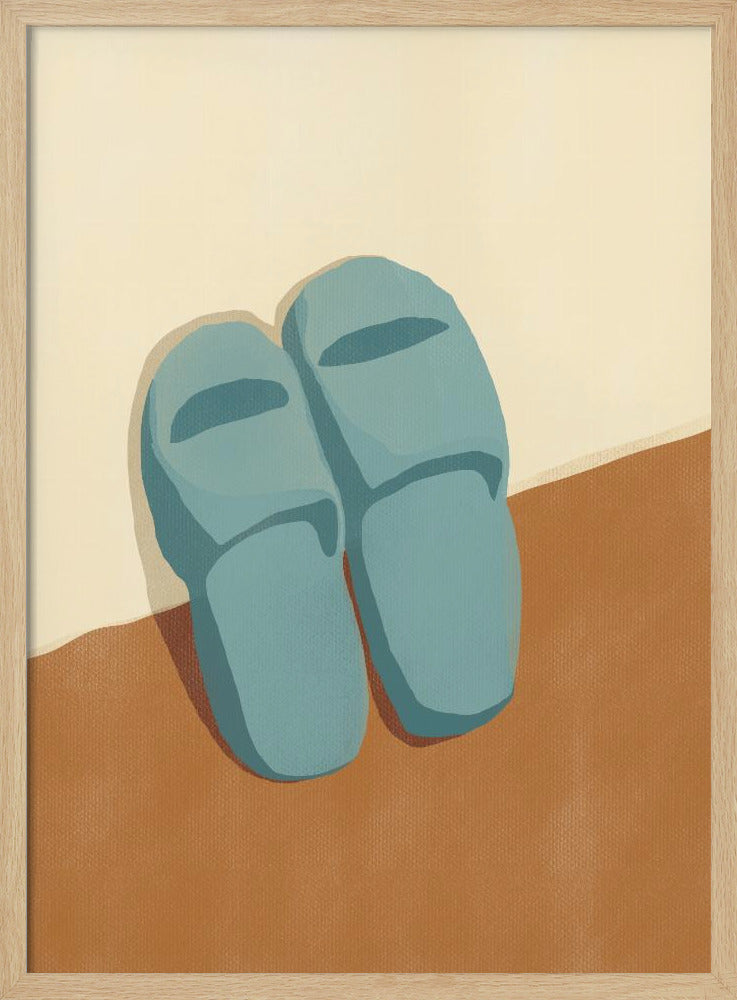 Blauwe pantoffels op een bruine en beige achtergrond | Poster