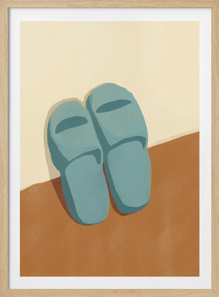 Blauwe pantoffels op een bruine en beige achtergrond | Poster