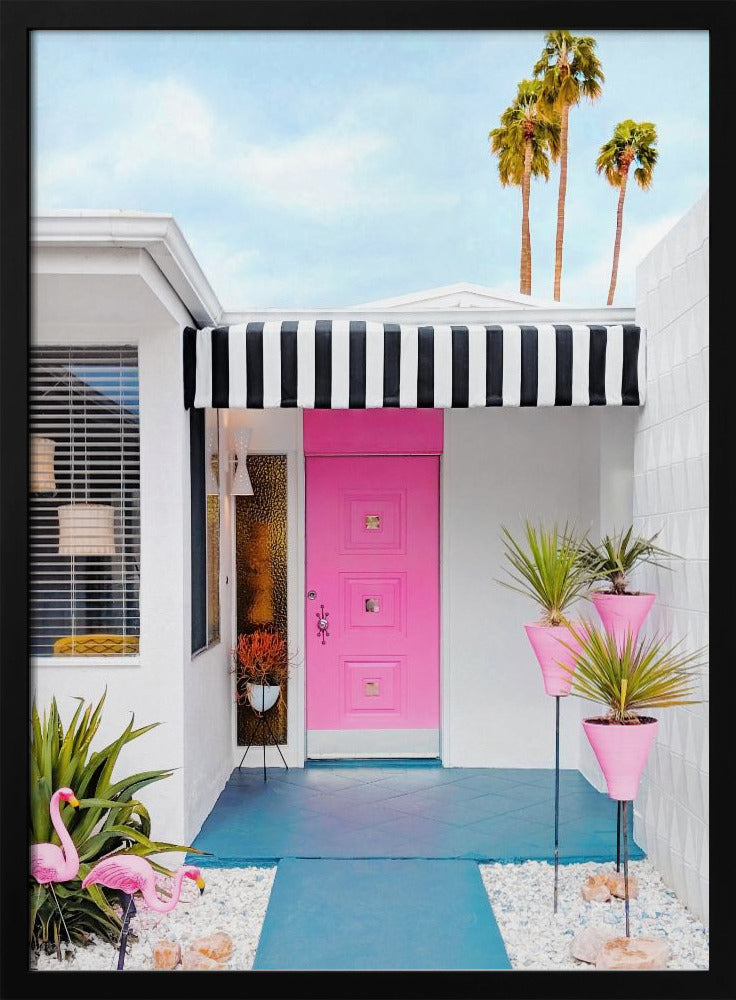 Roze deur met tuinflamingo's | Poster
