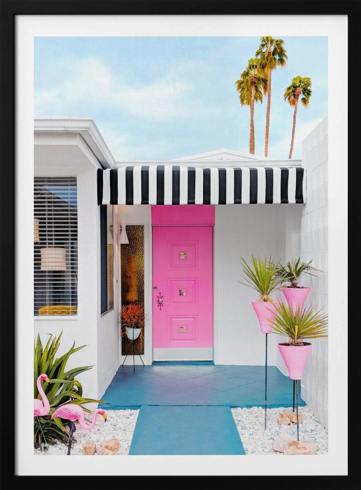 Roze deur met tuinflamingo's | Poster