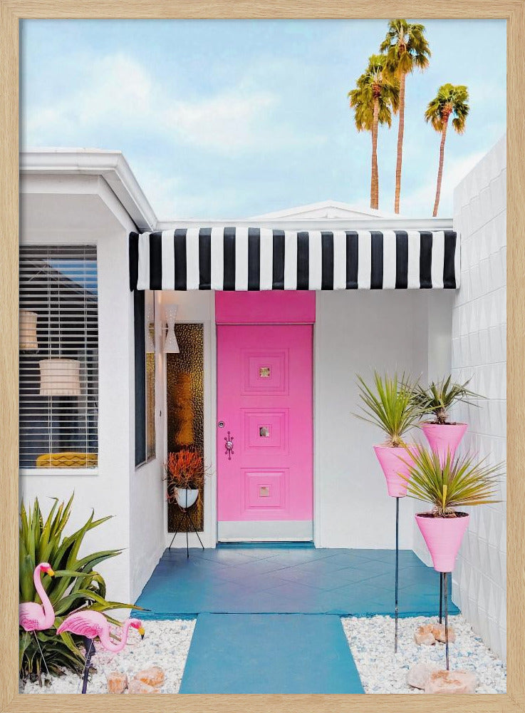 Roze deur met tuinflamingo's | Poster