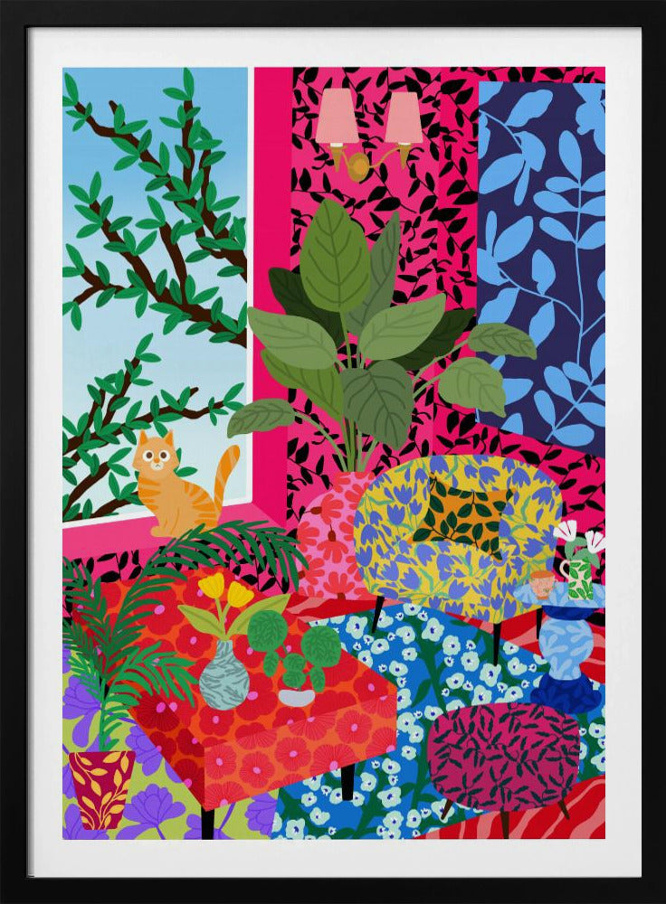 Kat in Flower Power Woonkamer | Poster