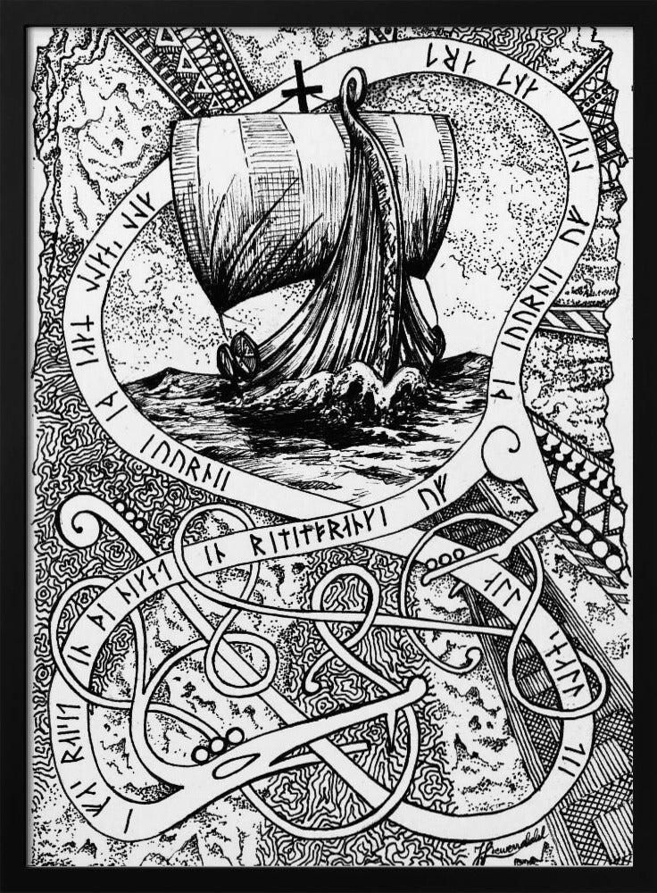 The Journey. Viking Doodle Ink Drawing. | Poster