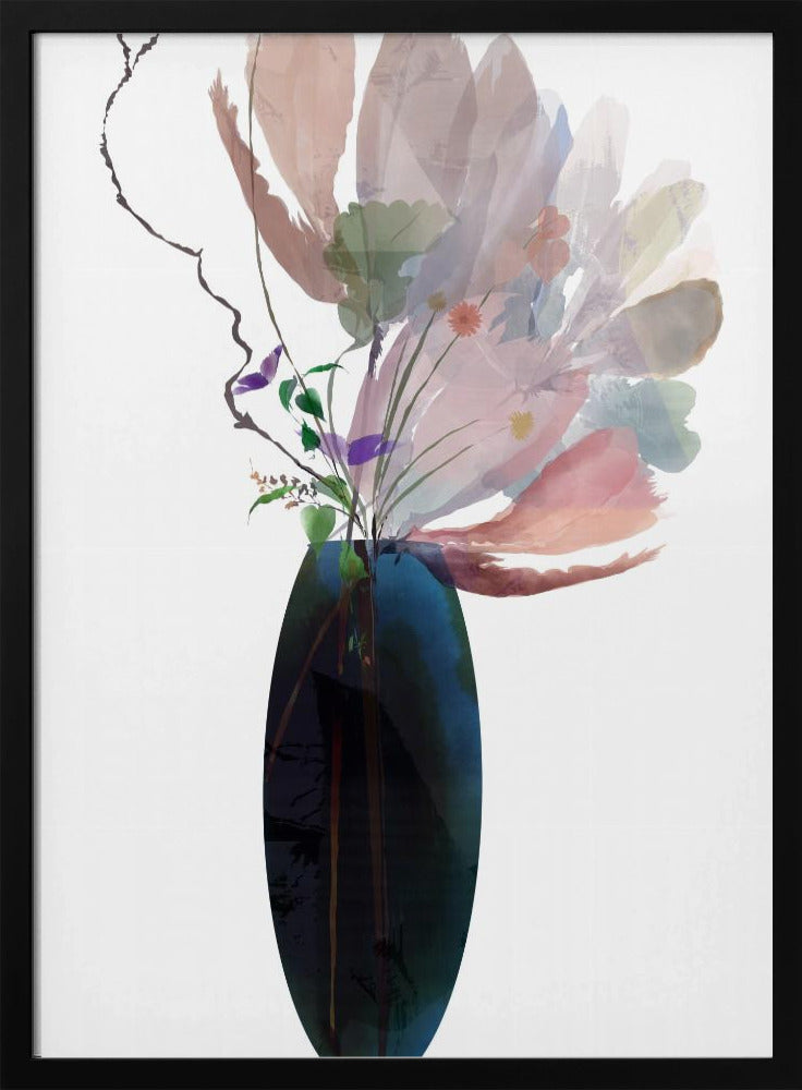 Blozende roze bloemen in blauwe glazen vaas | Poster