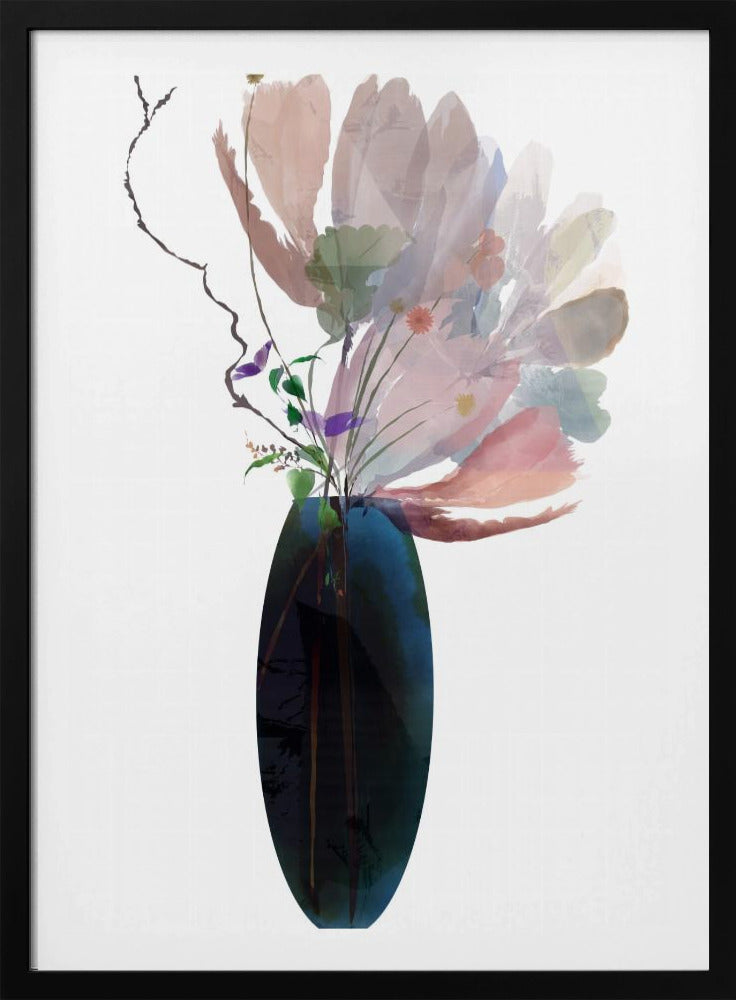 Blozende roze bloemen in blauwe glazen vaas | Poster