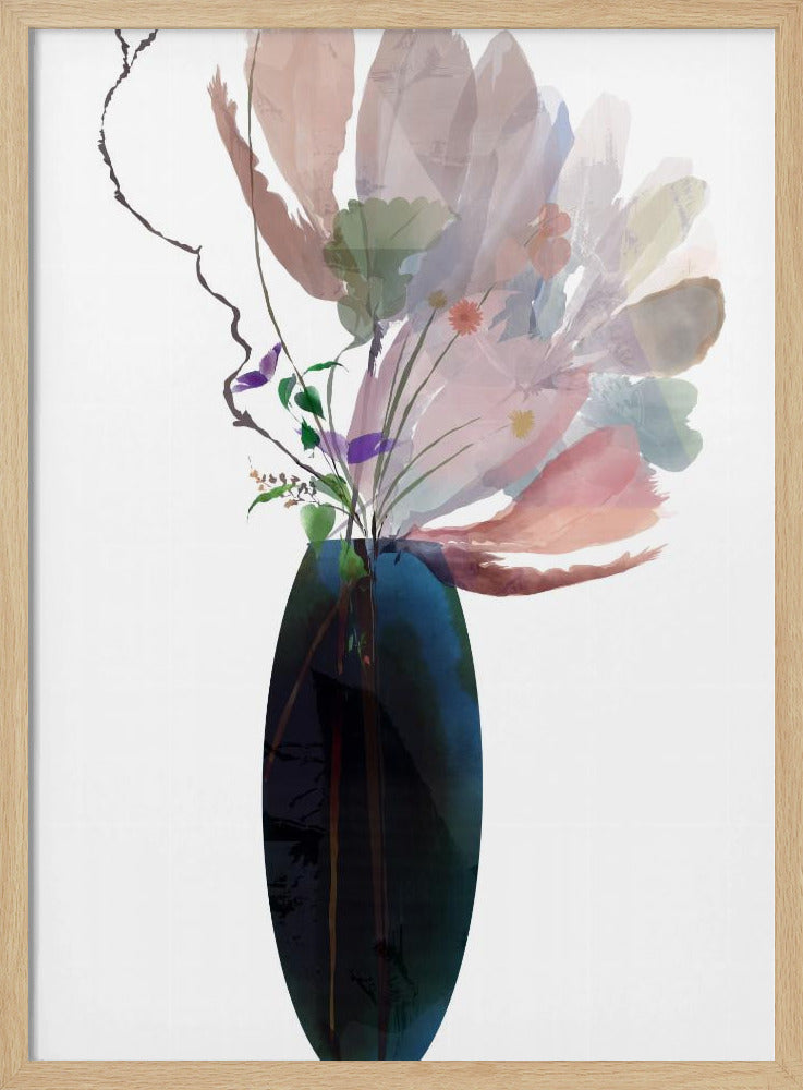Blozende roze bloemen in blauwe glazen vaas | Poster