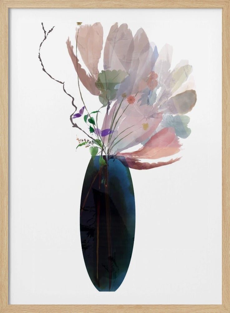 Blozende roze bloemen in blauwe glazen vaas | Poster