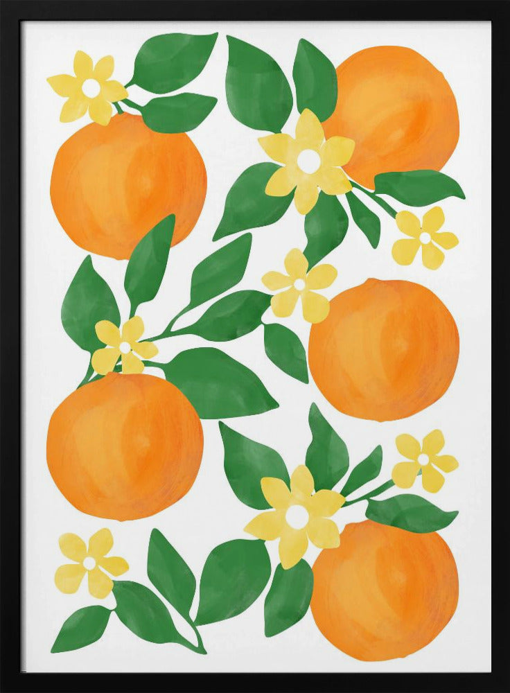 Sinaasappels met groene bladeren en delicate gele bloemen | Poster