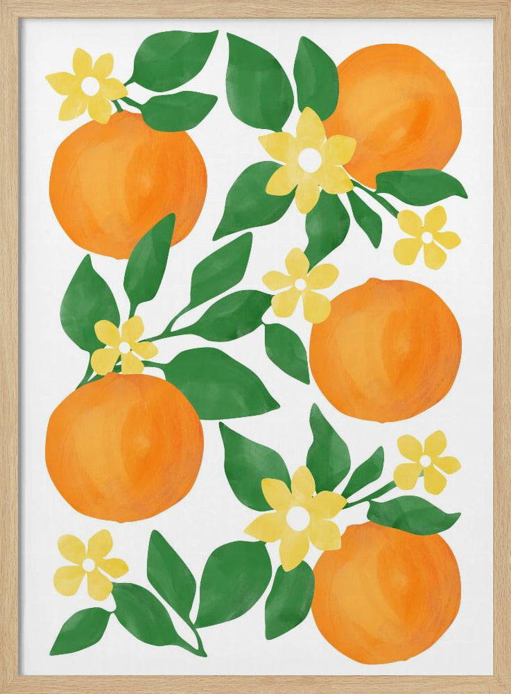 Sinaasappels met groene bladeren en delicate gele bloemen | Poster