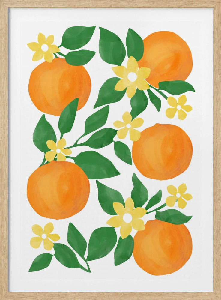 Sinaasappels met groene bladeren en delicate gele bloemen | Poster