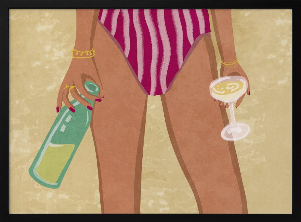 Meisje met wijn op het strand | Poster