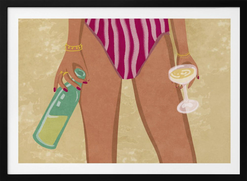 Meisje met wijn op het strand | Poster