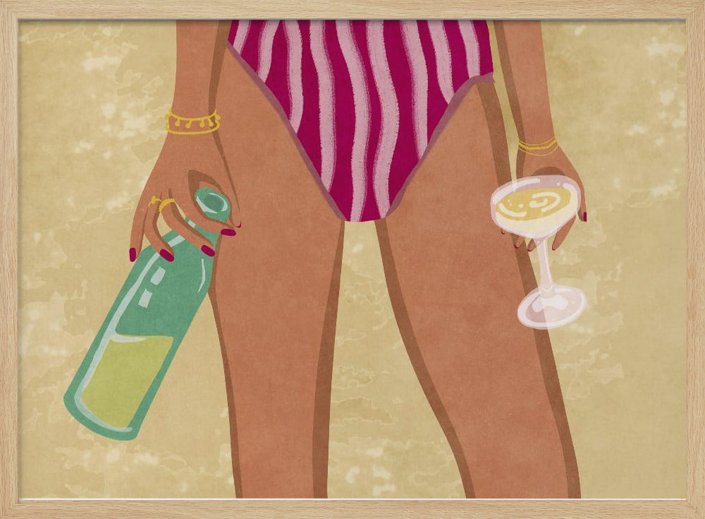 Meisje met wijn op het strand | Poster