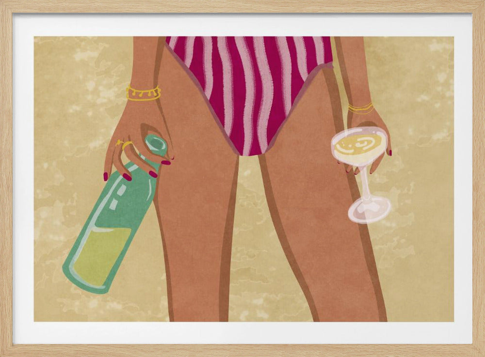 Meisje met wijn op het strand | Poster
