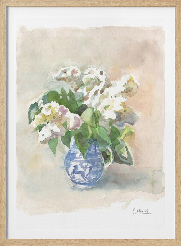 Witte seringen in een vaas, aquarel. | Poster