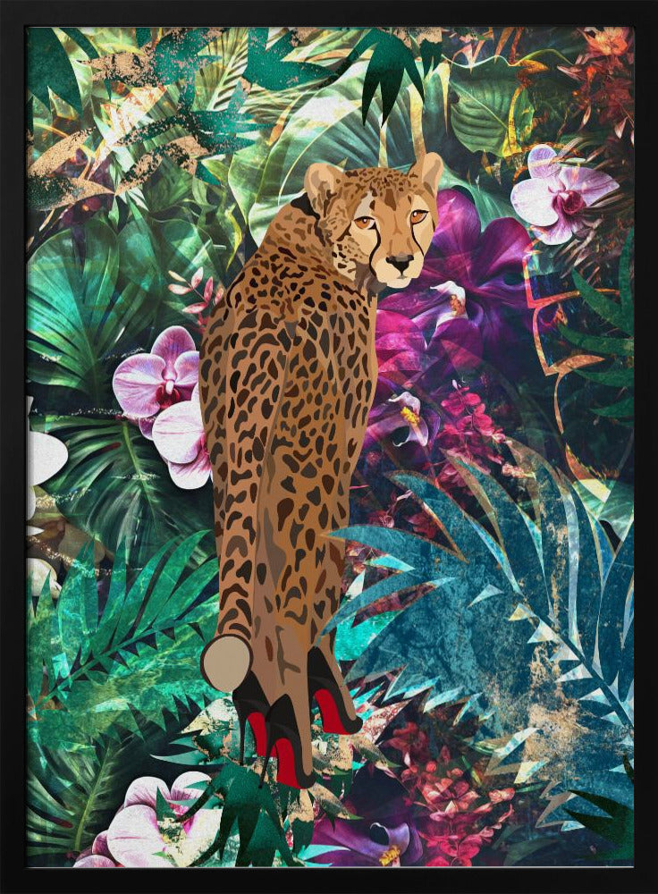 Tropische bloemenjungle - Cheetah op hakken | Poster