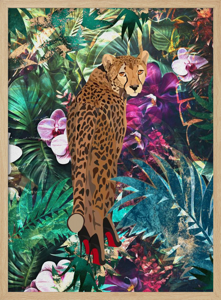 Tropische bloemenjungle - Cheetah op hakken | Poster