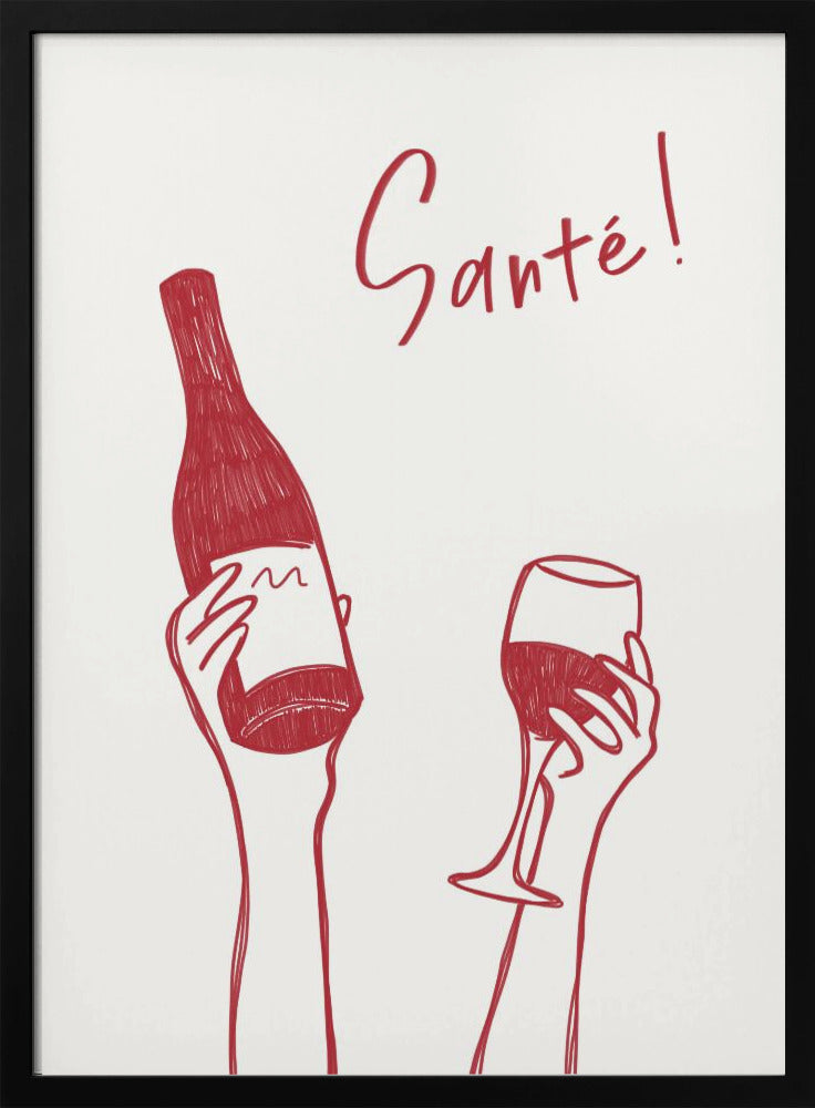 Handen met een fles wijn en een wijnglas met de tekst "Proost!" in het Frans | Poster