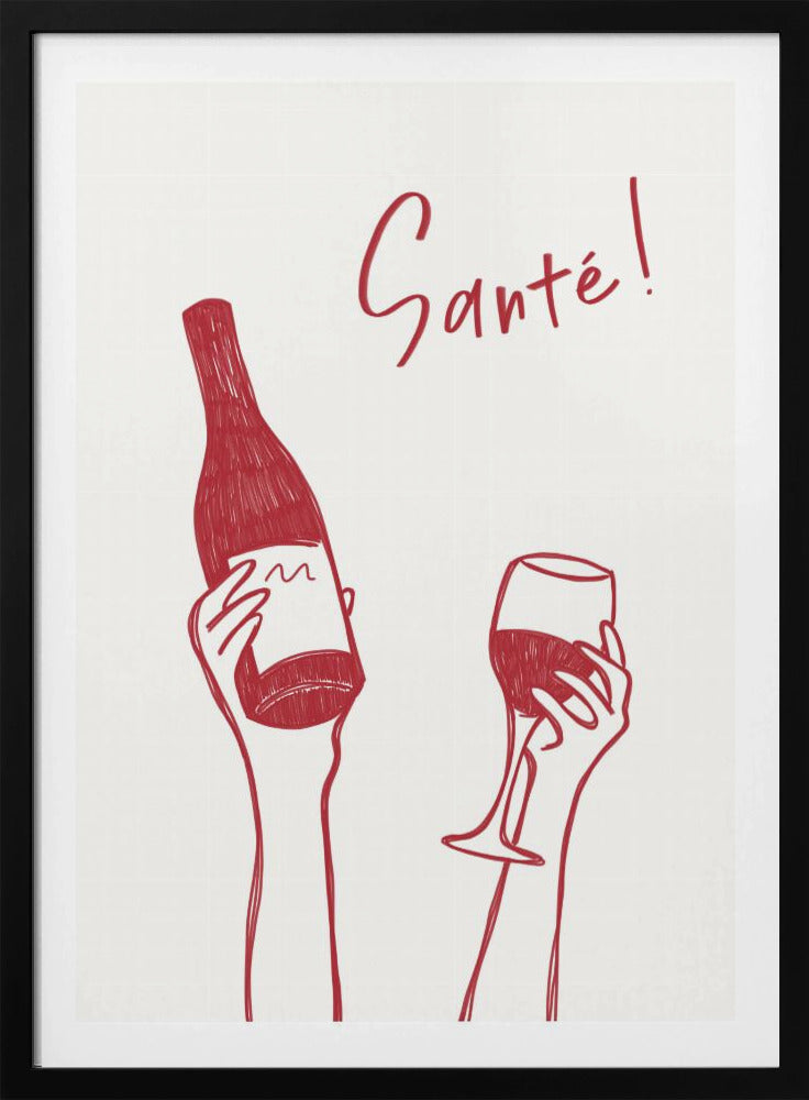 Handen met een fles wijn en een wijnglas met de tekst "Proost!" in het Frans | Poster
