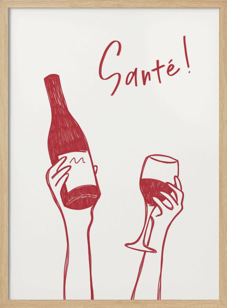 Handen met een fles wijn en een wijnglas met de tekst "Proost!" in het Frans | Poster