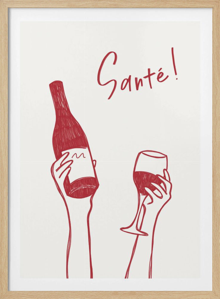 Handen met een fles wijn en een wijnglas met de tekst "Proost!" in het Frans | Poster