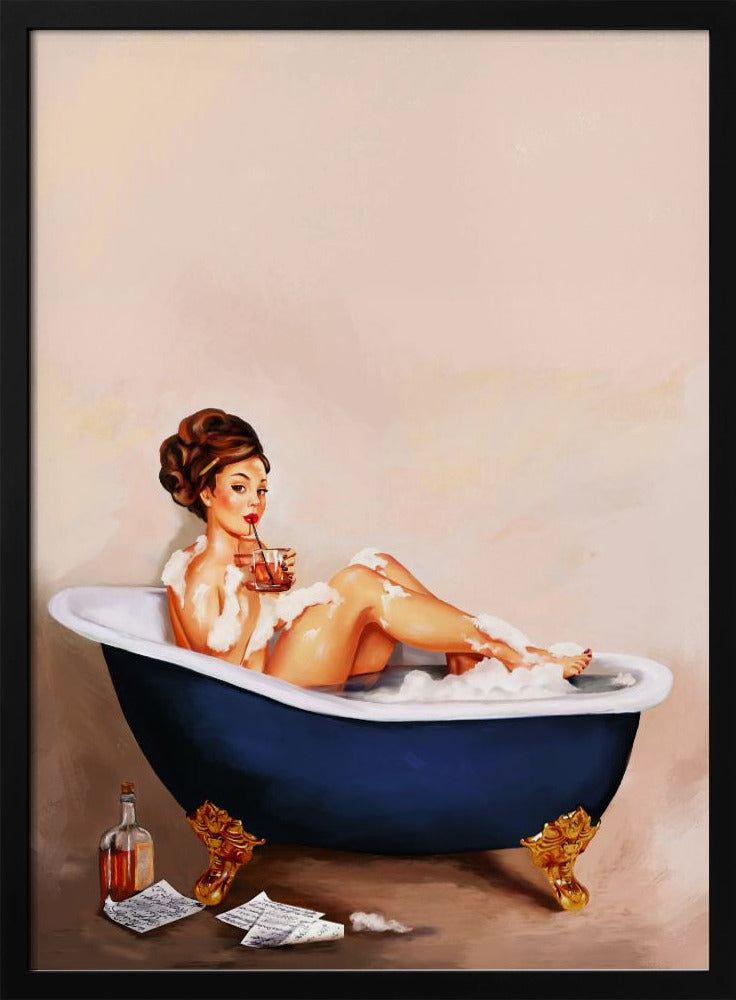 Badkuipdrankjes: Pinupmeisje drinkt in de badkamer | Poster