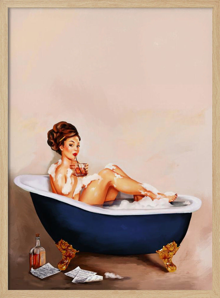 Badkuipdrankjes: Pinupmeisje drinkt in de badkamer | Poster