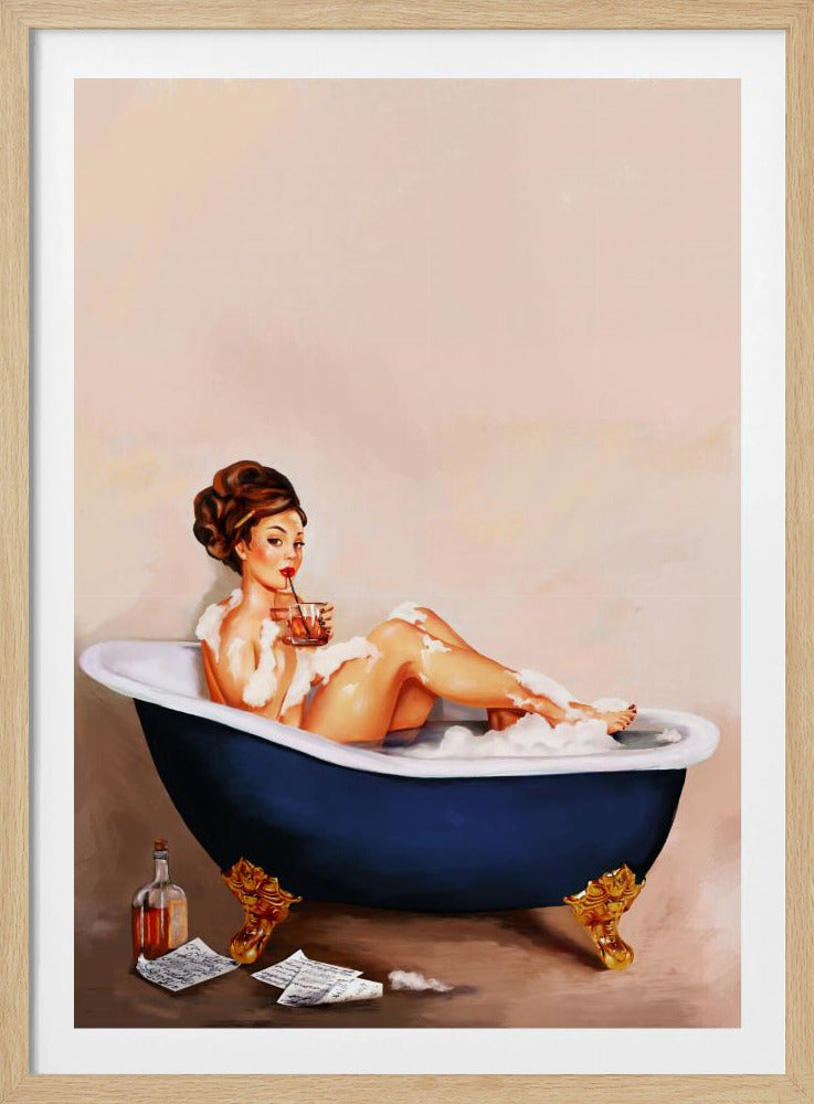 Badkuipdrankjes: Pinupmeisje drinkt in de badkamer | Poster