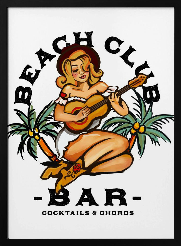 Beachclubbar. Pin-upgirl in Sailor Jerry-stijl speelt gitaar | Poster