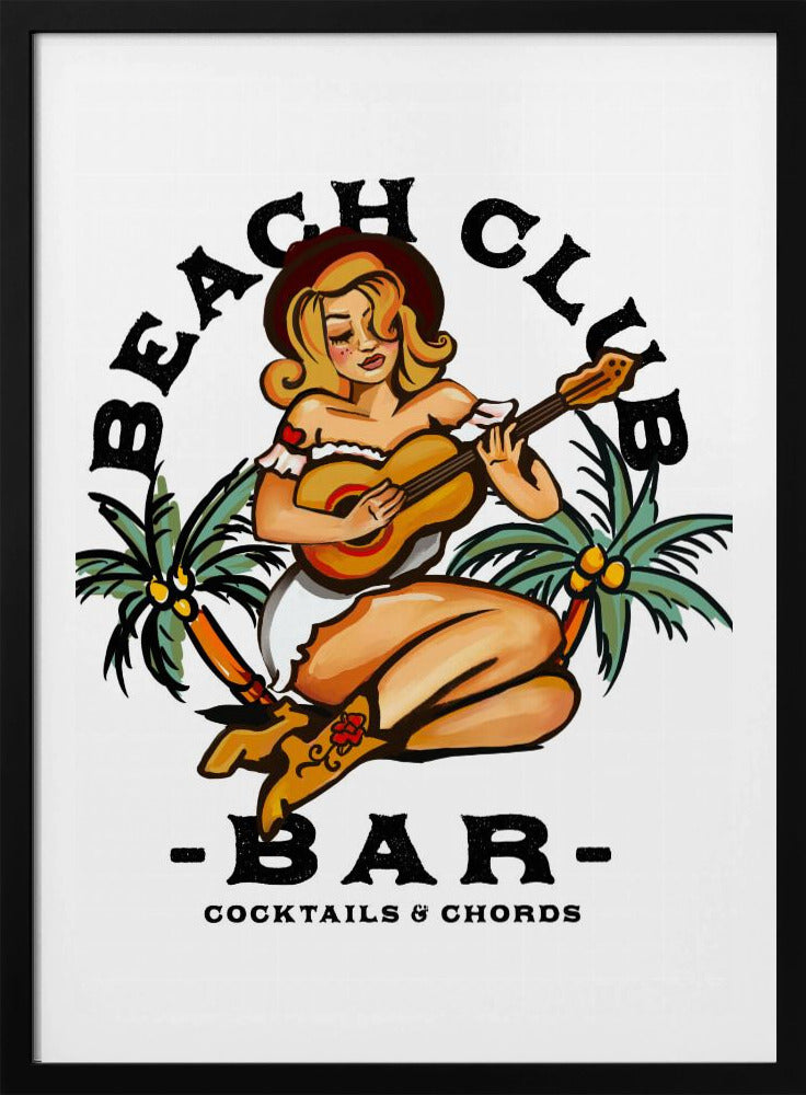 Beachclubbar. Pin-upgirl in Sailor Jerry-stijl speelt gitaar | Poster