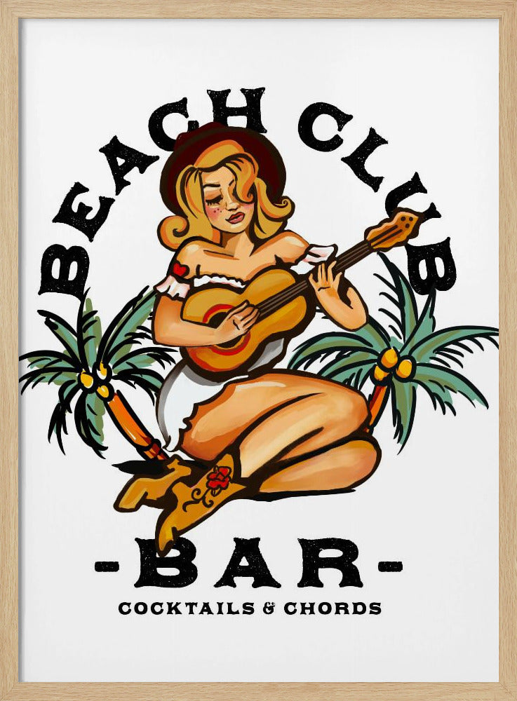 Beachclubbar. Pin-upgirl in Sailor Jerry-stijl speelt gitaar | Poster