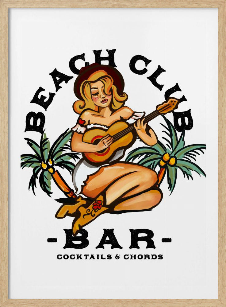 Beachclubbar. Pin-upgirl in Sailor Jerry-stijl speelt gitaar | Poster