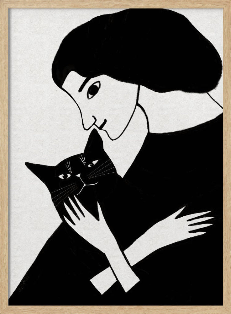 Kattenvrouw met zwarte kat | Poster